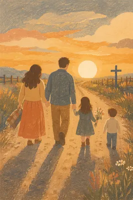 Family Walking Country Road at Sunset