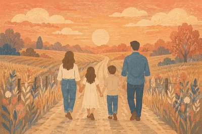 Family Walking Country Road at Sunset