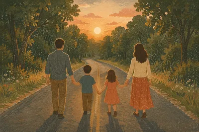 Family Walking Country Road at Sunset