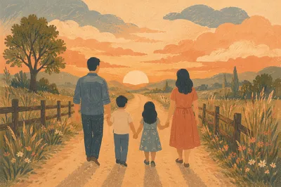 Family Walking Country Road at Sunset