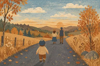 Family Walking Country Road at Sunset