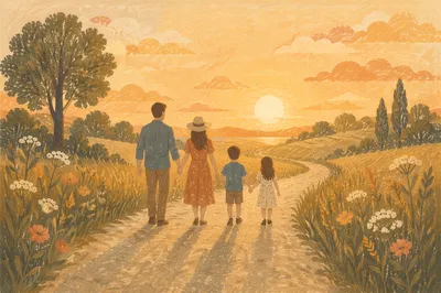 Family Walking Country Road at Sunset