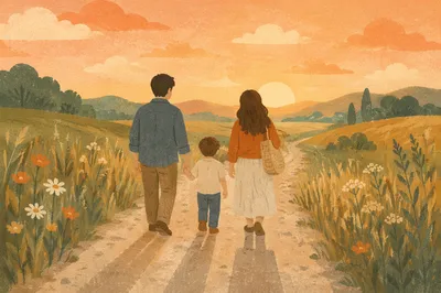 Family Walking Country Road at Sunset