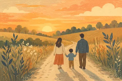 Family Walking Country Road at Sunset