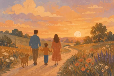 Family Walking Country Road at Sunset