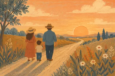 Family Walking Country Road at Sunset