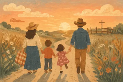 Family Walking Country Road at Sunset