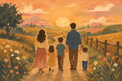 Family Walking Country Road at Sunset