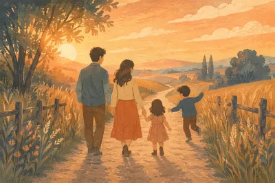 Family Walking Country Road at Sunset