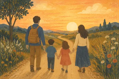 Family Walking Country Road at Sunset