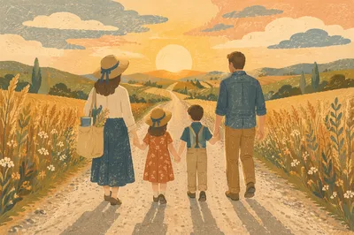 Family Sunset Walk on Country Road