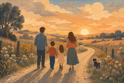 Family Walking Country Road at Sunset