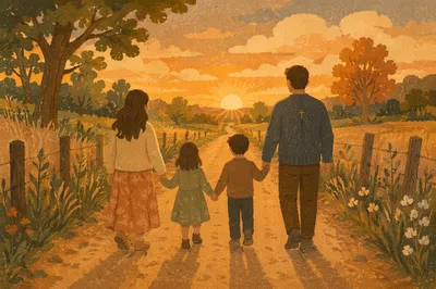Family Walking Country Road at Sunset