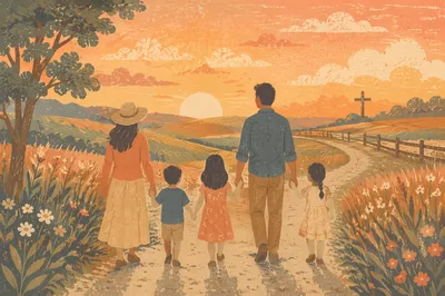 Family Walking Country Road at Sunset
