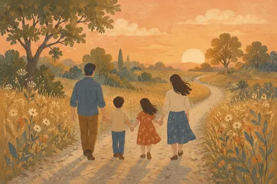 Family Walking Country Road at Sunset