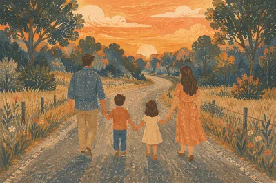 Family Walking Country Road at Sunset