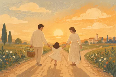 Family Walking on Country Road at Sunset