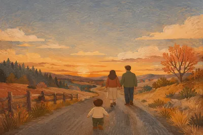 Family Walking Country Road at Sunset