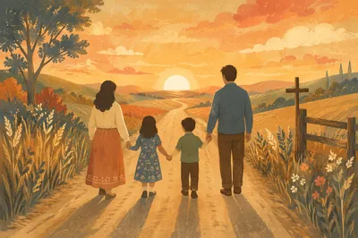 Family Walking Country Road at Sunset