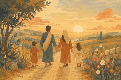 Family Walking Country Road at Sunset