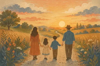 Family Walking Country Road at Sunset
