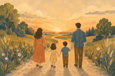 Family Walking Country Road at Sunset