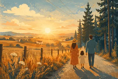 Family Walking Country Road at Sunset
