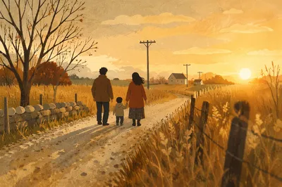 Family Walking Country Road at Sunset