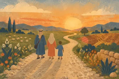 Family Walking Country Road at Sunset