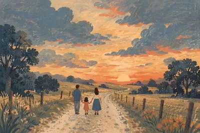 Family Walking Country Road at Sunset