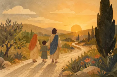 Family Walking Country Road at Sunset