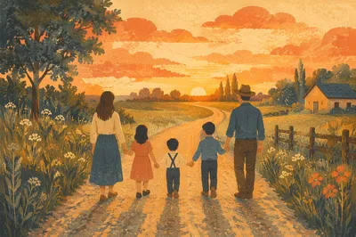 Family Walking Country Road at Sunset