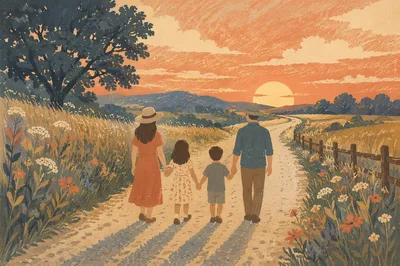 Family Walking Country Road at Sunset
