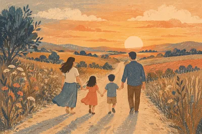 Family Walking Country Road at Sunset