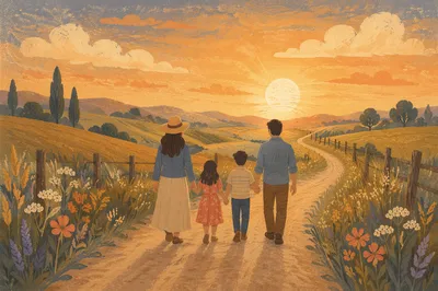 Family Walking Country Road at Sunset