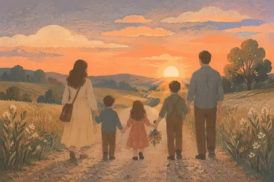 Faithful Family Walk at Country Sunset