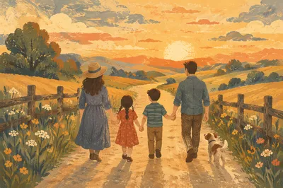 Family Walking Country Road at Sunset