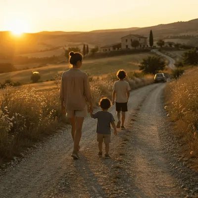 Family Walking Country Road at Sunset