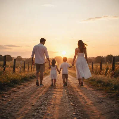Family Walking Country Road at Sunset