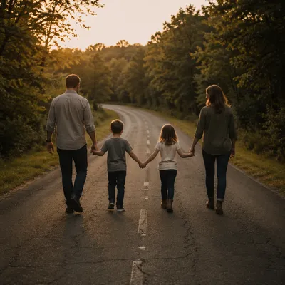 Family Walking Country Road at Sunset