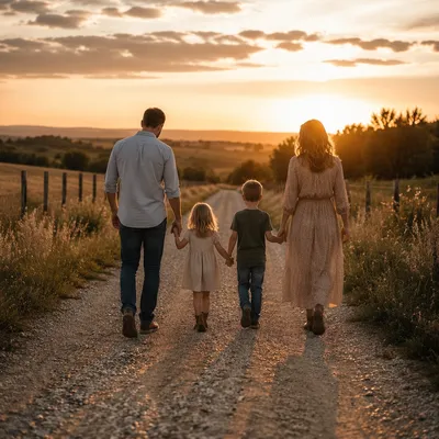 Family Walking Country Road at Sunset