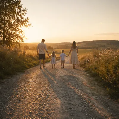 Family Walking Country Road at Sunset