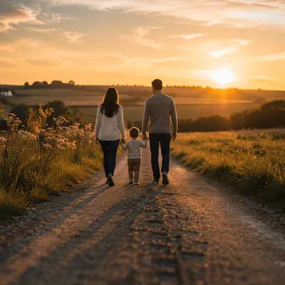 Family Walking Country Road at Sunset
