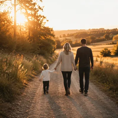 Family Walking Country Road at Sunset