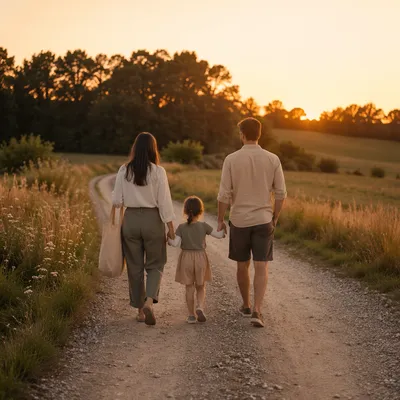 Family Walking Country Road at Sunset