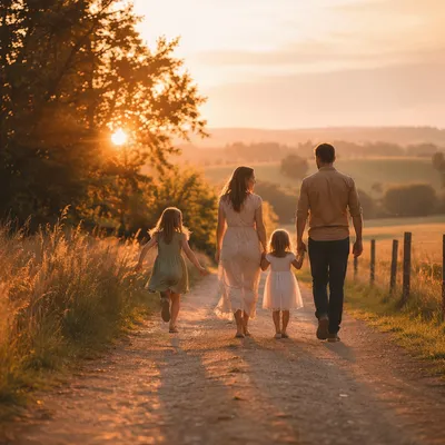 Family Walking Country Road at Sunset