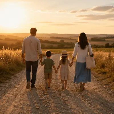 Family Walking Country Road at Sunset