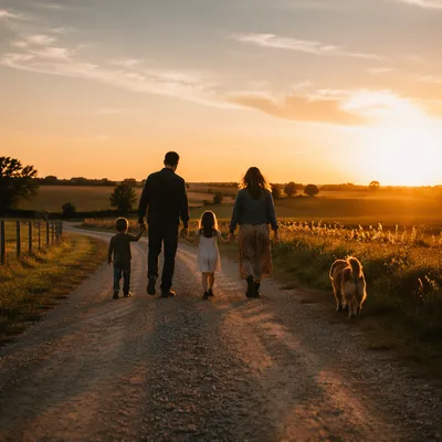 Family Walking Country Road at Sunset