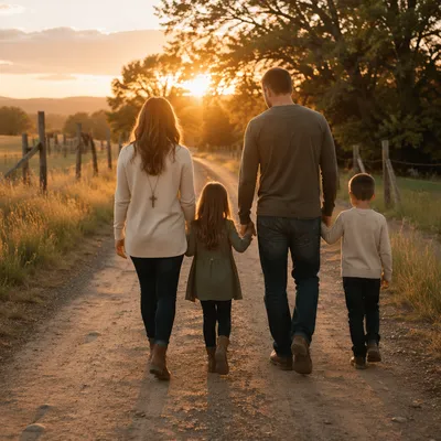 Family Walking Country Road at Sunset
