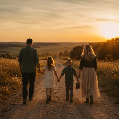 Family Sunset Walk on Country Road